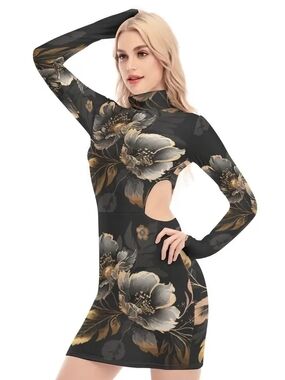 Floral Cutout Mini Dress in Black and Gold